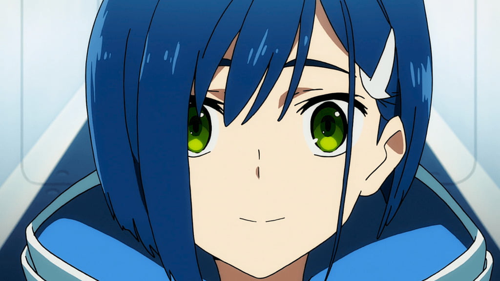 anime girl with blue hair and green eyes