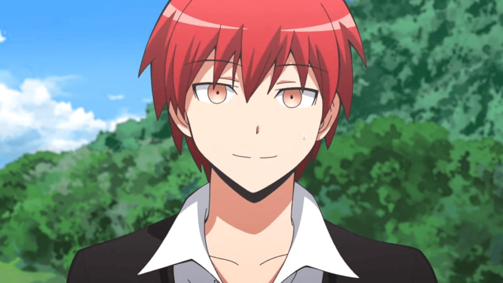 anime boy with red hair and yellow eyes