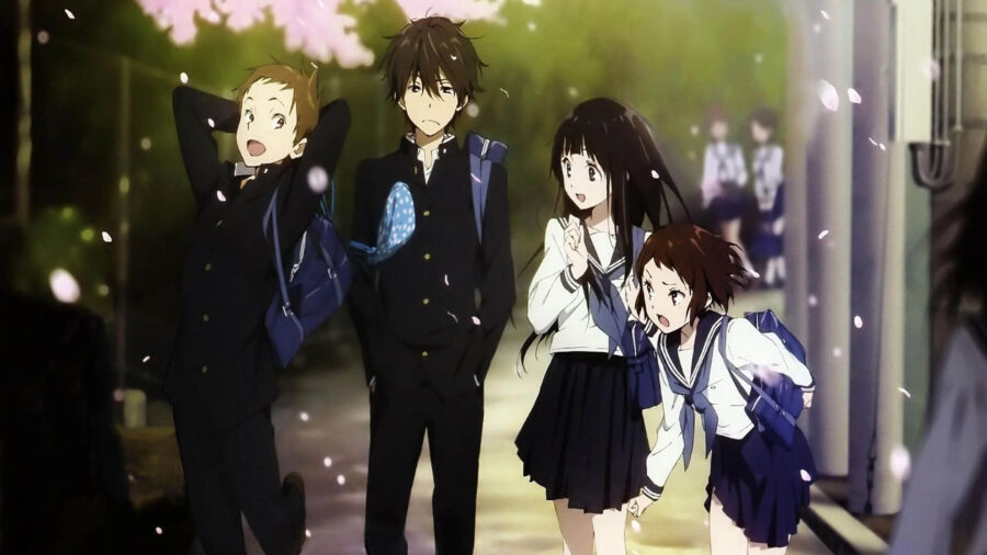 The four main characters of Hyouka - Houtarou, Eru, Satoshi, and Mayaka - standing outside their school building.