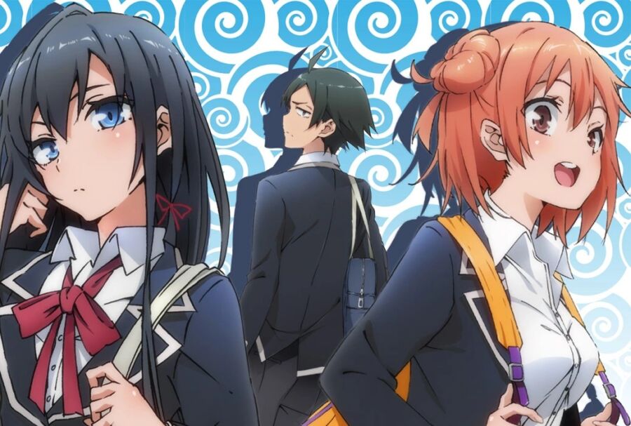 Hachiman, Yui, and Yukino standing together in a scene from My Teen Romantic Comedy SNAFU.